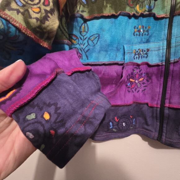 Rising Int'l Rainbow Floral Patchwork Hoodie Sweatshirt Womens XL Hippie Boho - Picture 2 of 9